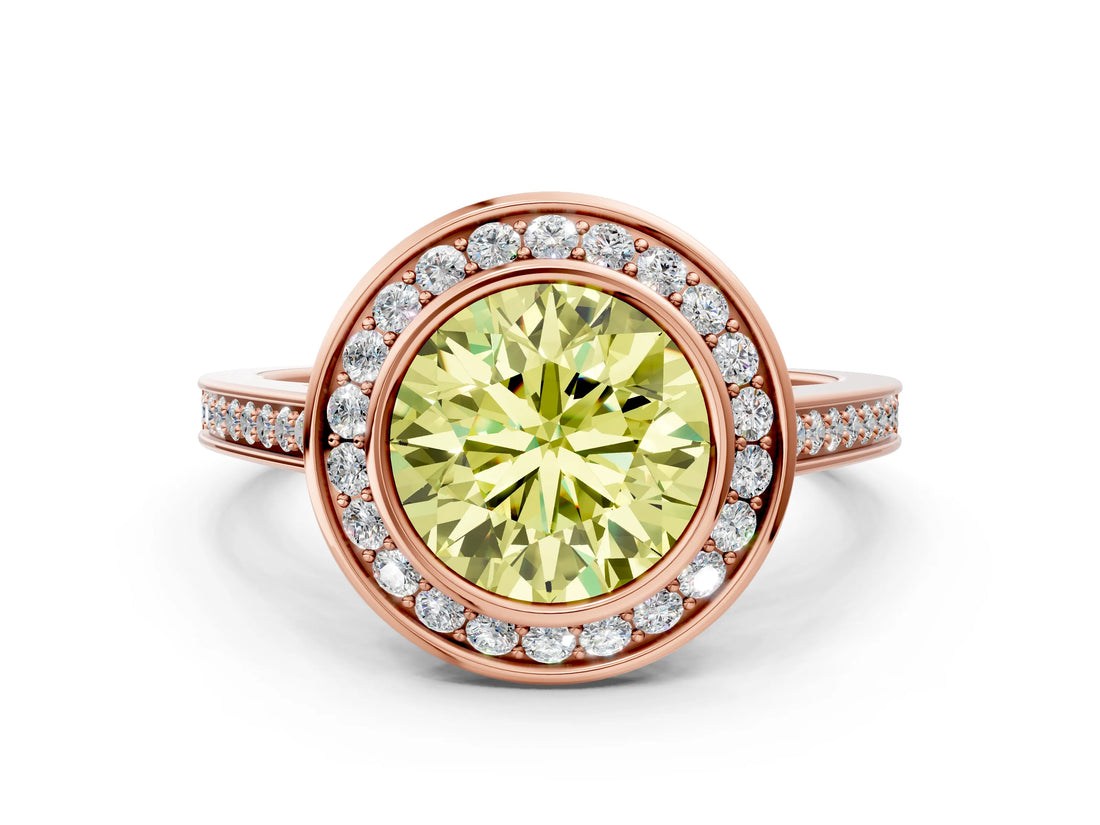 Rose gold Fancy Yellow Round Cut Halo Bezel Diamond Pave Band Ring