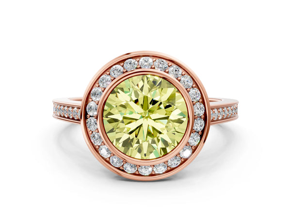 Rose gold Fancy Yellow Round Cut Halo Bezel Diamond Pave Band Ring