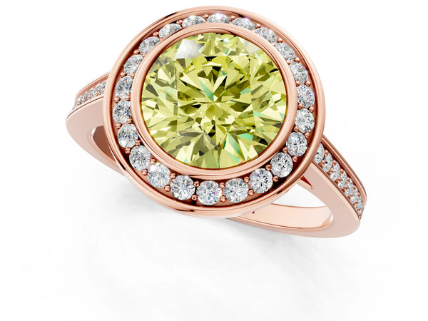Rose gold Fancy Yellow Round Cut Halo Bezel Diamond Pave Band Ring