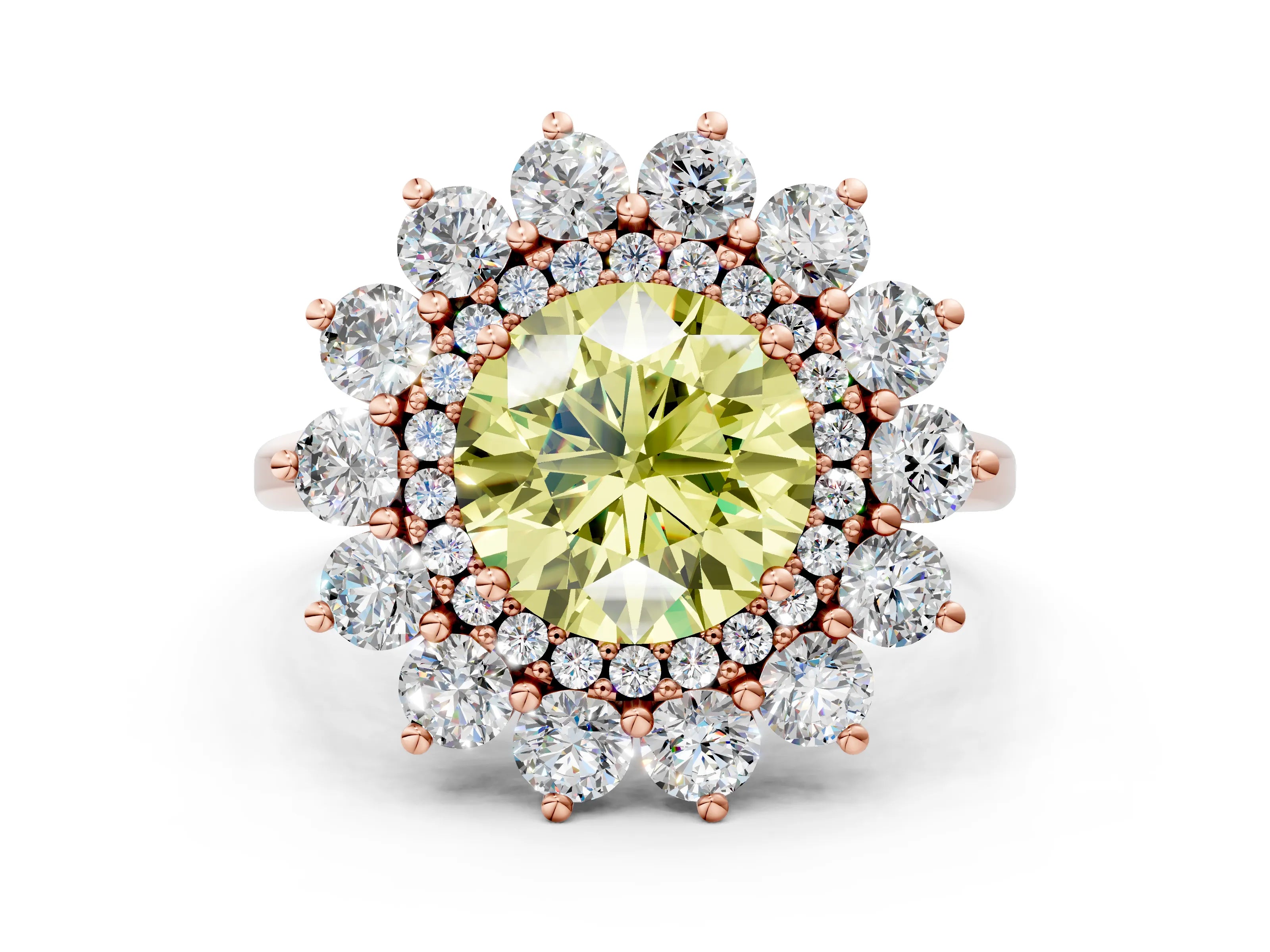 Rose gold Fancy Yellow Round Cut Halo Cluster Diamond Ring with Pave Band and Four-Prong Setting