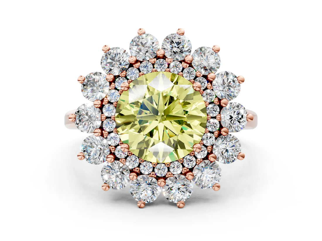 Rose gold Fancy Yellow Round Cut Halo Cluster Diamond Ring with Pave Band and Four-Prong Setting_12