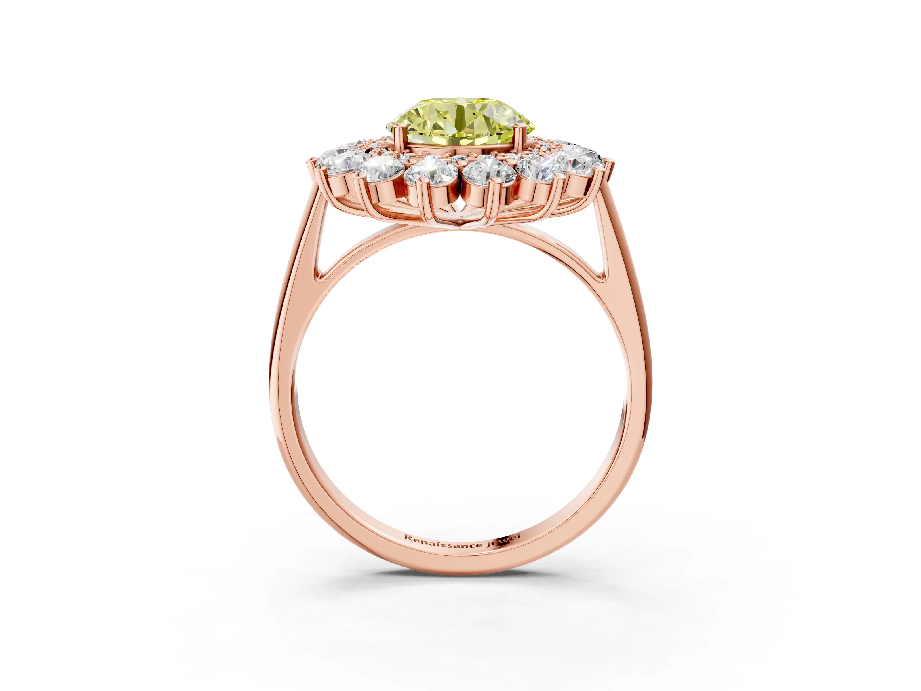 Rose gold Fancy Yellow Round Cut Halo Cluster Diamond Ring with Pave Band and Four-Prong Setting_15