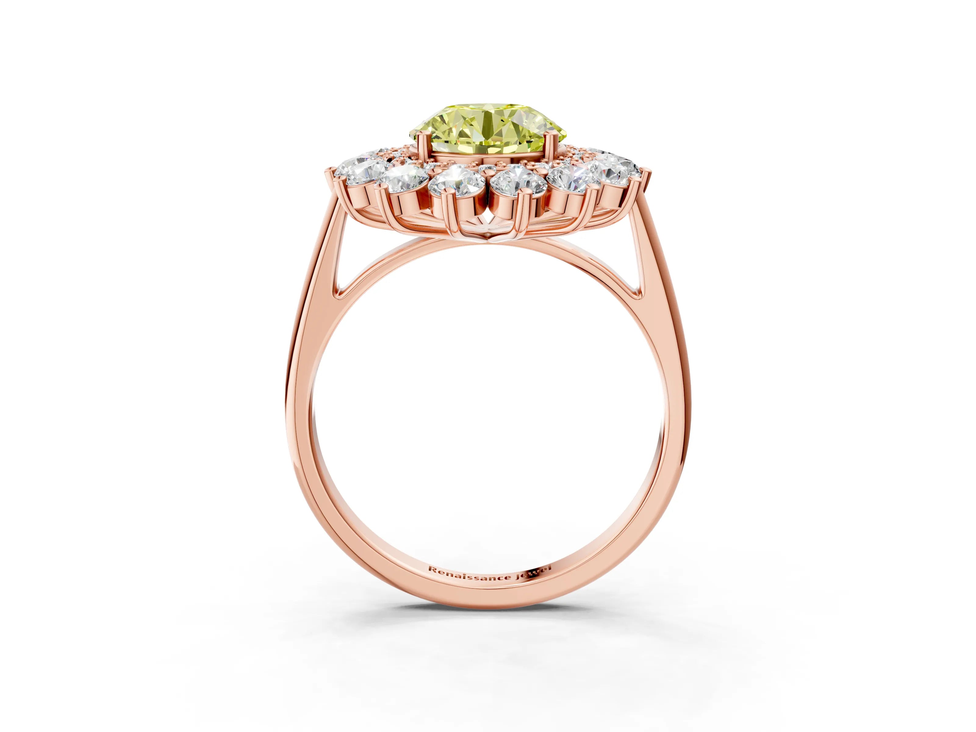 Rose gold Fancy Yellow Round Cut Halo Cluster Diamond Ring with Pave Band and Four-Prong Setting_3