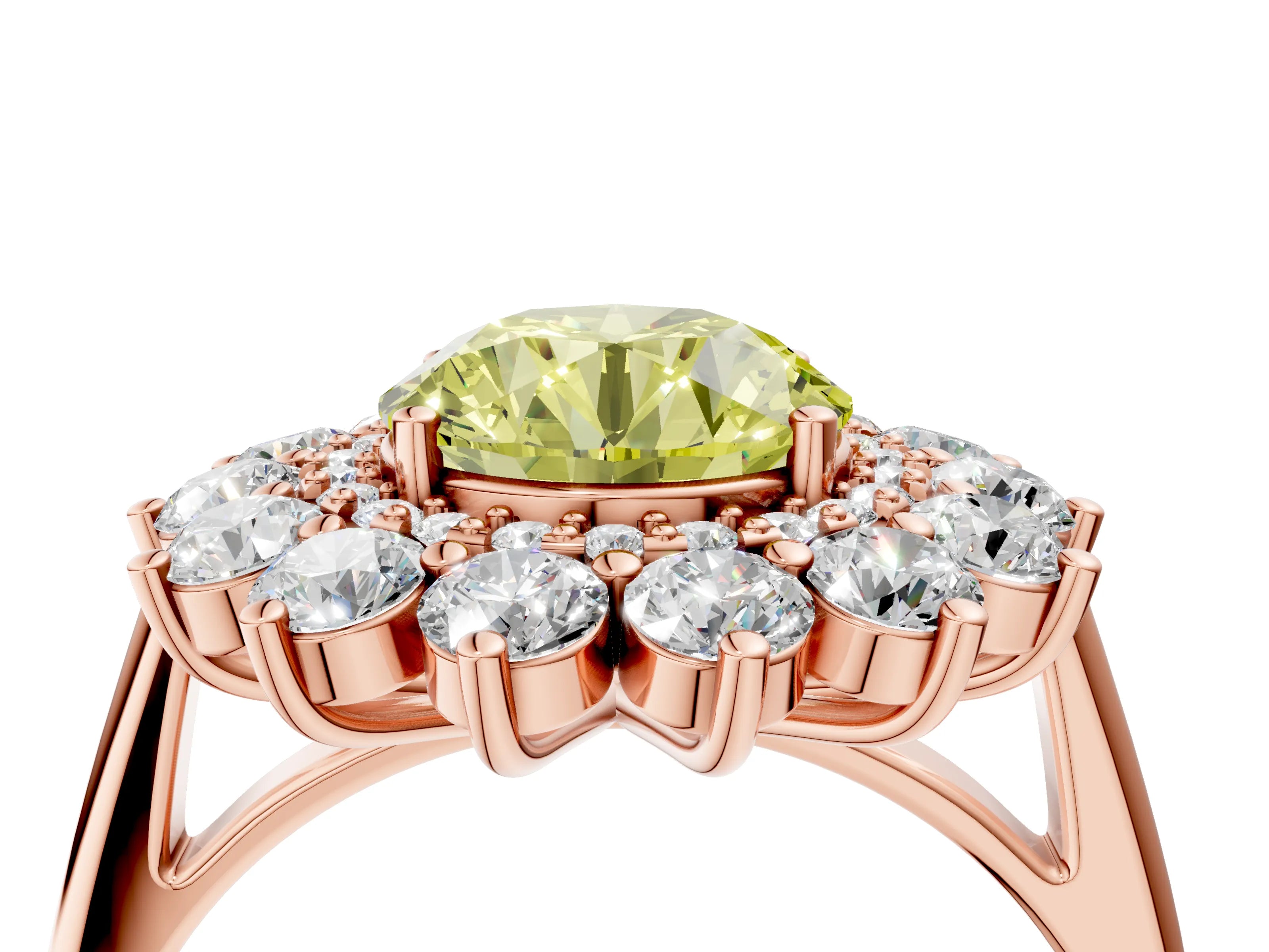 Rose gold Fancy Yellow Round Cut Halo Cluster Diamond Ring with Pave Band and Four-Prong Setting_4