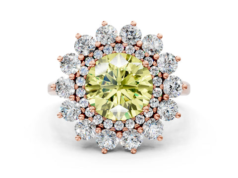 Rose gold Fancy Yellow Round Cut Halo Cluster Diamond Ring with Pave Band and Four-Prong Setting