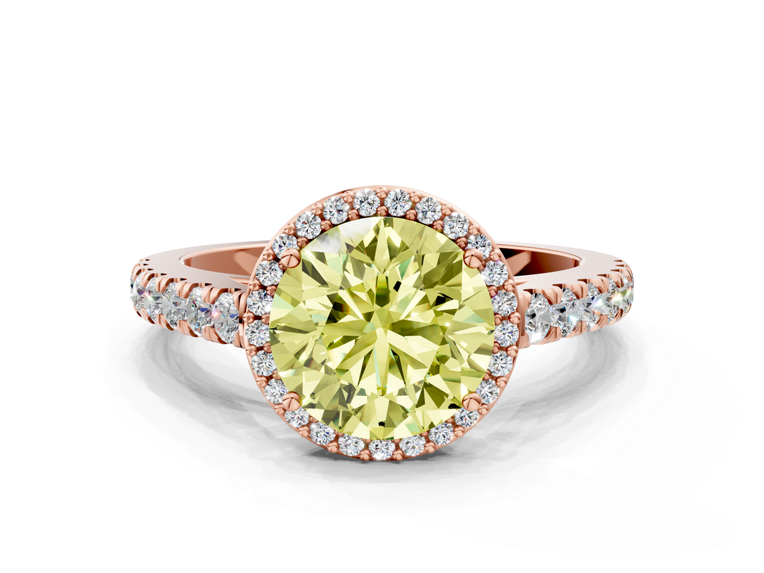 Rose gold Fancy Yellow Round  Cut Halo Diamond Engagement Ring with Pave Band and Four-Prong Setting