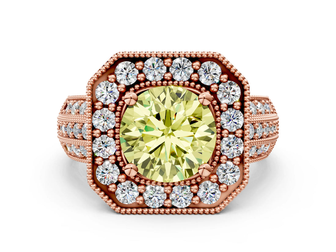 Rose gold Fancy Yellow Round Cut Halo Diamond Engagement Ring with Pave Split Shank and Four-Prong Setting