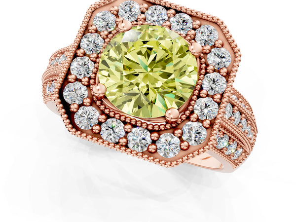 Rose gold Fancy Yellow Round Cut Halo Diamond Engagement Ring with Pave Split Shank and Four-Prong Setting