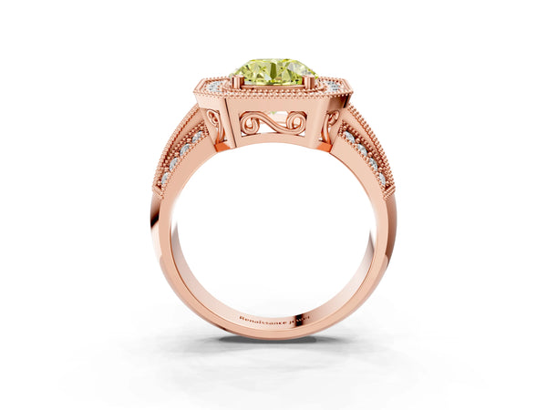 Rose gold Fancy Yellow Round Cut Halo Diamond Engagement Ring with Pave Split Shank and Four-Prong Setting