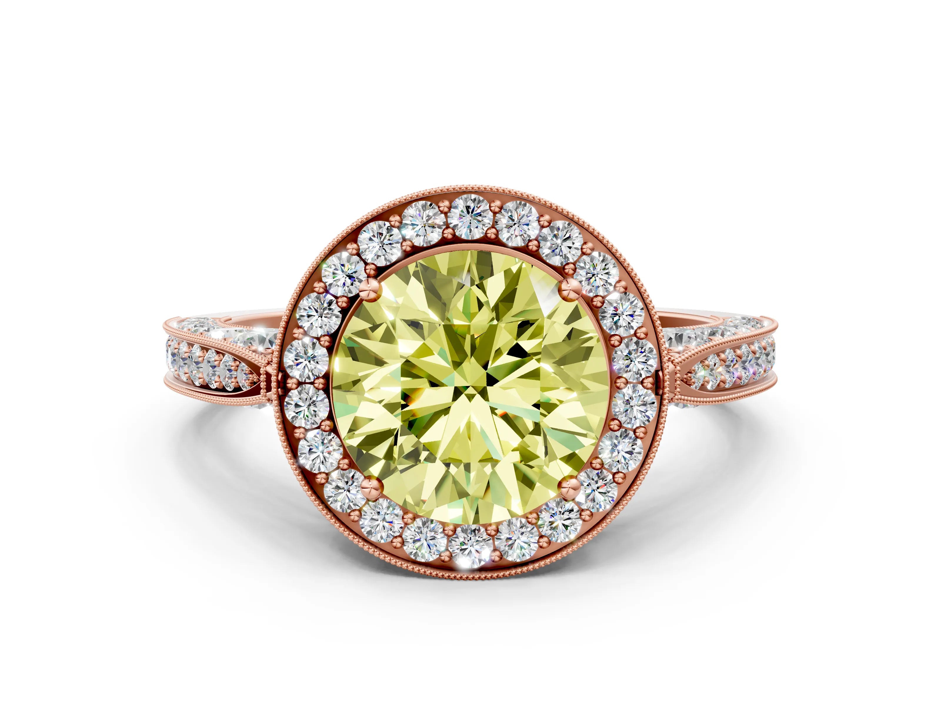 Rose gold Fancy Yellow Round Cut Halo Diamond Engagement Ring with Split Shank Band and Four-Prong Setting