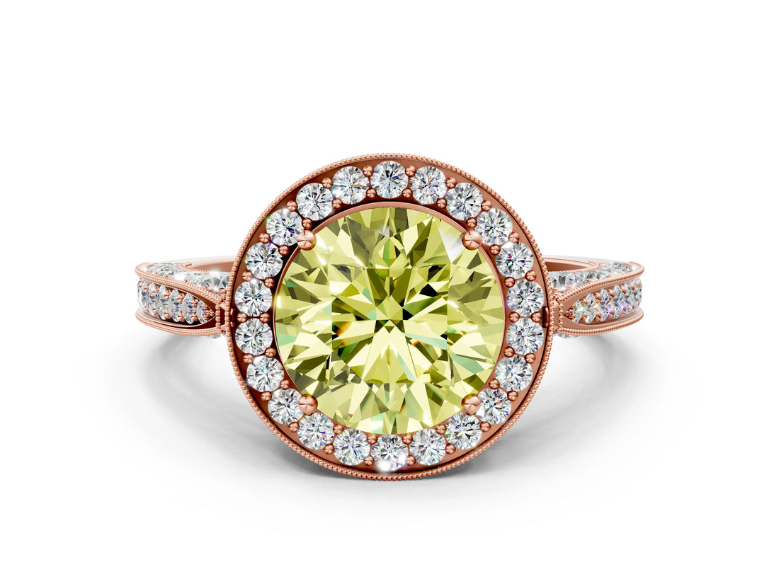Rose gold Fancy Yellow Round Cut Halo Diamond Engagement Ring with Split Shank Band and Four-Prong Setting