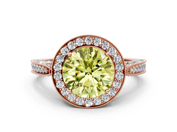 Rose Gold Round Milgrain Halo Engagement Ring Setting for Fancy Yellow Center with Pave