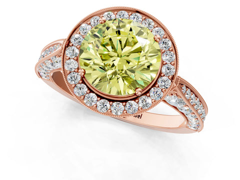 Rose gold Fancy Yellow Round Cut Halo Diamond Engagement Ring with Split Shank Band and Four-Prong Setting_1