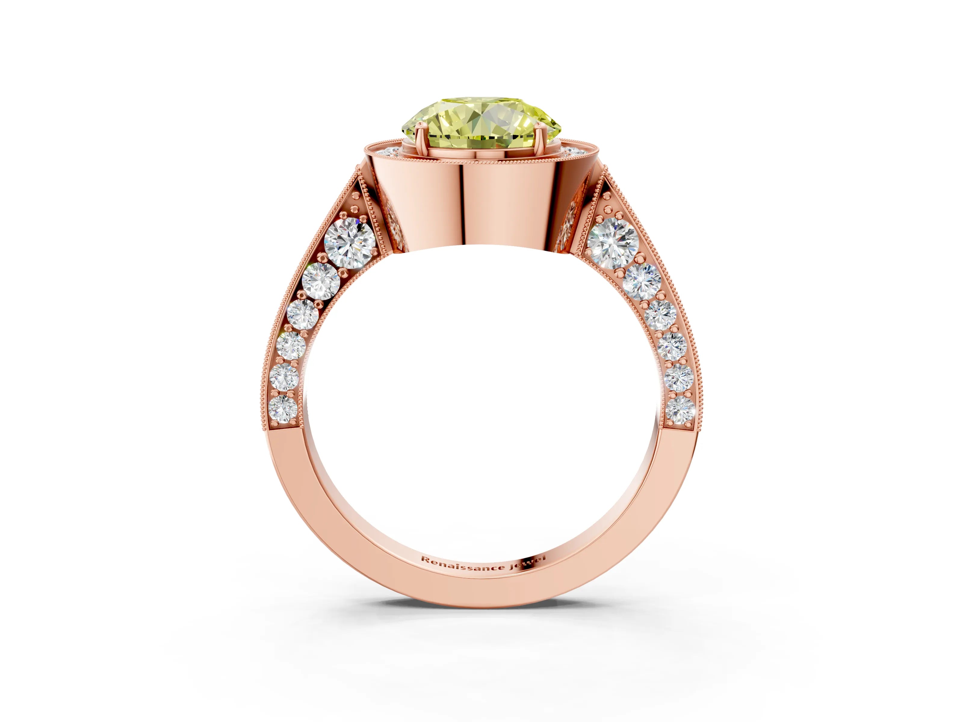 Rose gold Fancy Yellow Round Cut Halo Diamond Engagement Ring with Split Shank Band and Four-Prong Setting_3