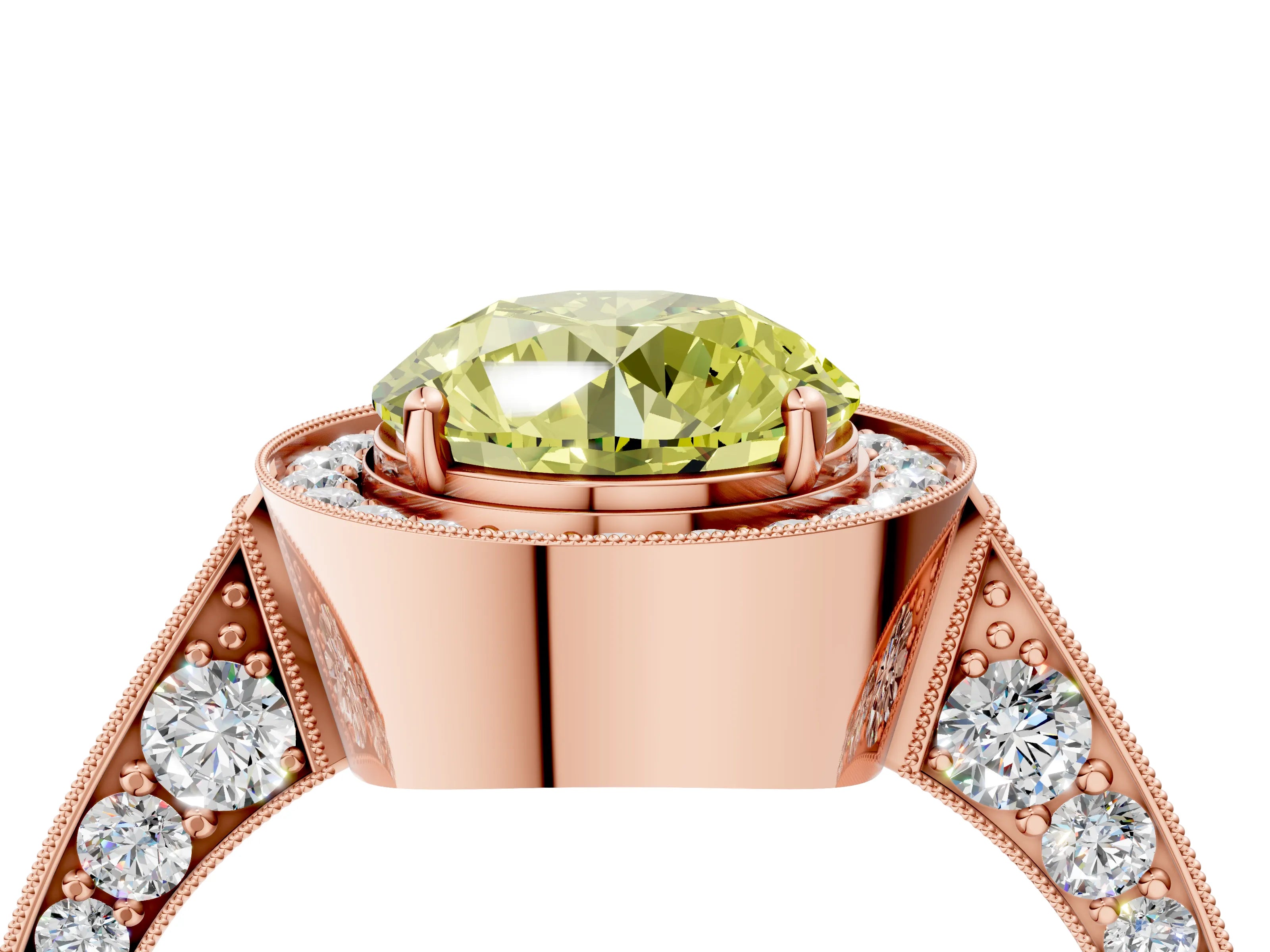 Rose gold Fancy Yellow Round Cut Halo Diamond Engagement Ring with Split Shank Band and Four-Prong Setting_4