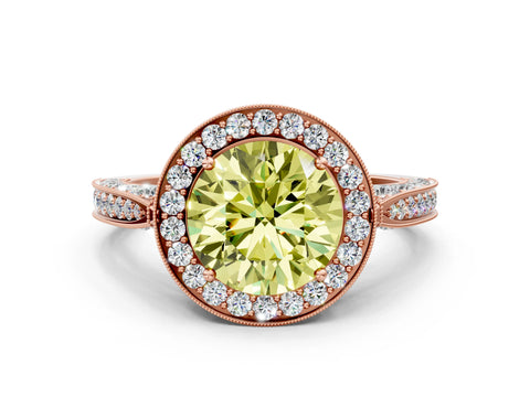 Rose gold Fancy Yellow Round Cut Halo Diamond Engagement Ring with Split Shank Band and Four-Prong Setting