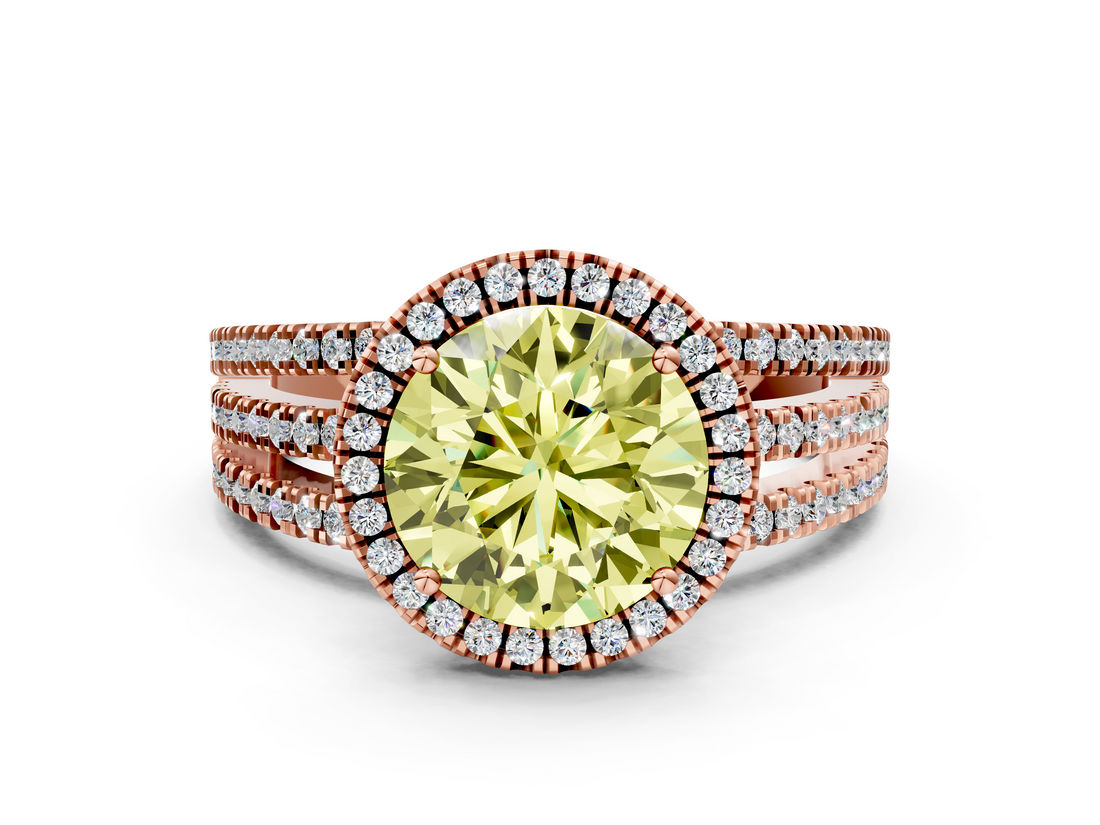 Rose gold Fancy Yellow Round  Cut Halo Diamond Engagement Ring with Split Shank and Four-Prong Setting
