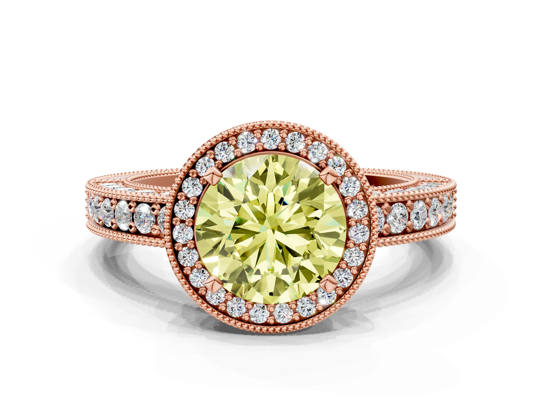 Rose gold Fancy Yellow Round  Cut Halo Diamond Pave Band Ring with Four-Prong Setting