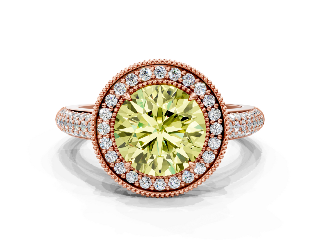Rose gold Fancy Yellow Round  Cut Halo Diamond Pave Band with Four-Prong Setting