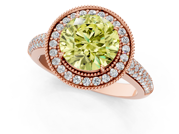 Rose gold Fancy Yellow Round  Cut Halo Diamond Pave Band with Four-Prong Setting