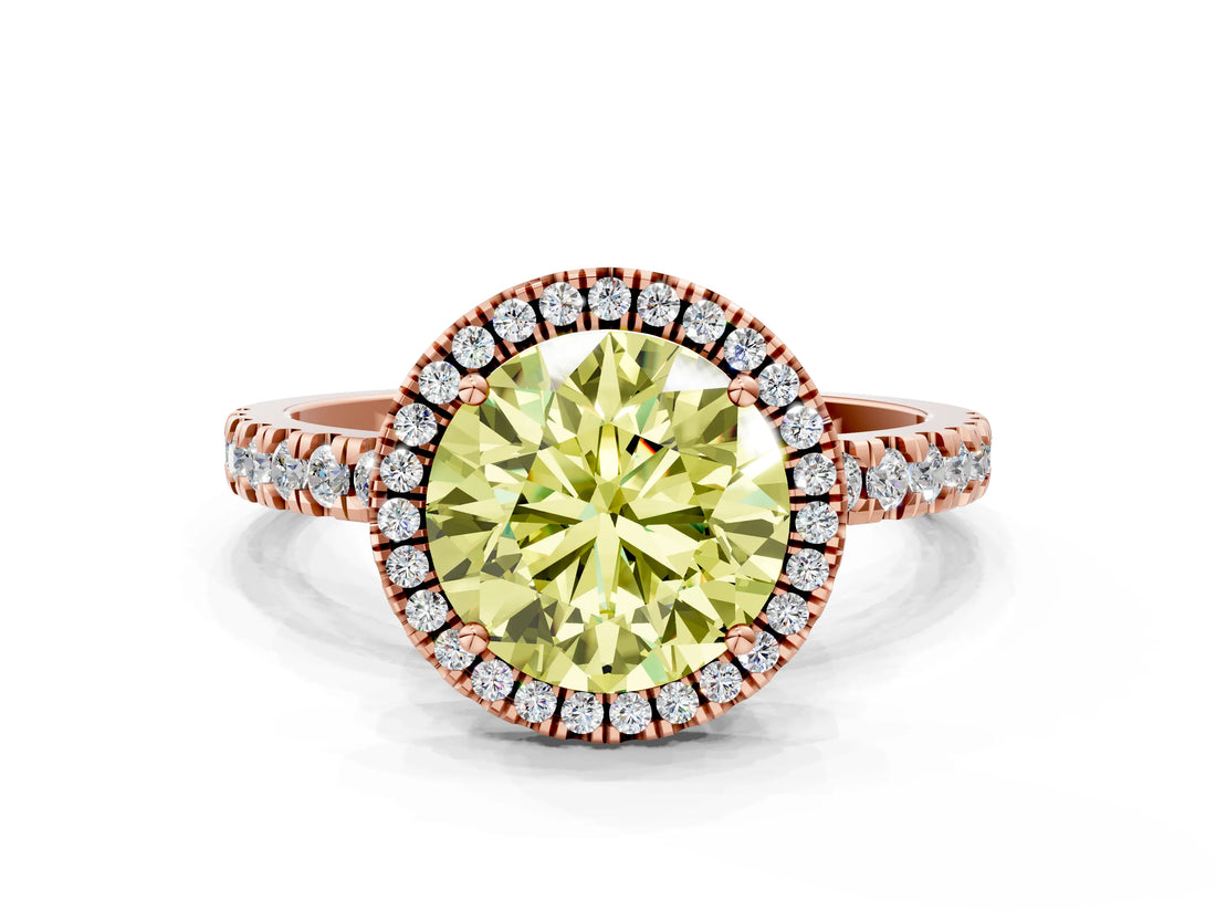 Rose gold Fancy Yellow Round Cut Halo Diamond Pave Band with Prong Setting