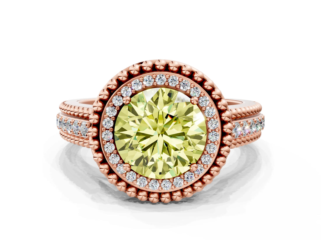 Rose gold Fancy Yellow Round Cut Halo Diamond Ring with Beaded Split Shank and Four-Prong Setting