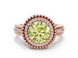 Rose gold Fancy Yellow Round Cut Halo Diamond Ring with Beaded Split Shank and Four-Prong Setting