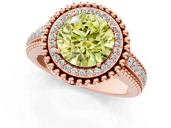 Rose Gold Round Beaded Halo Engagement Ring Setting for Fancy Yellow Center with Pave