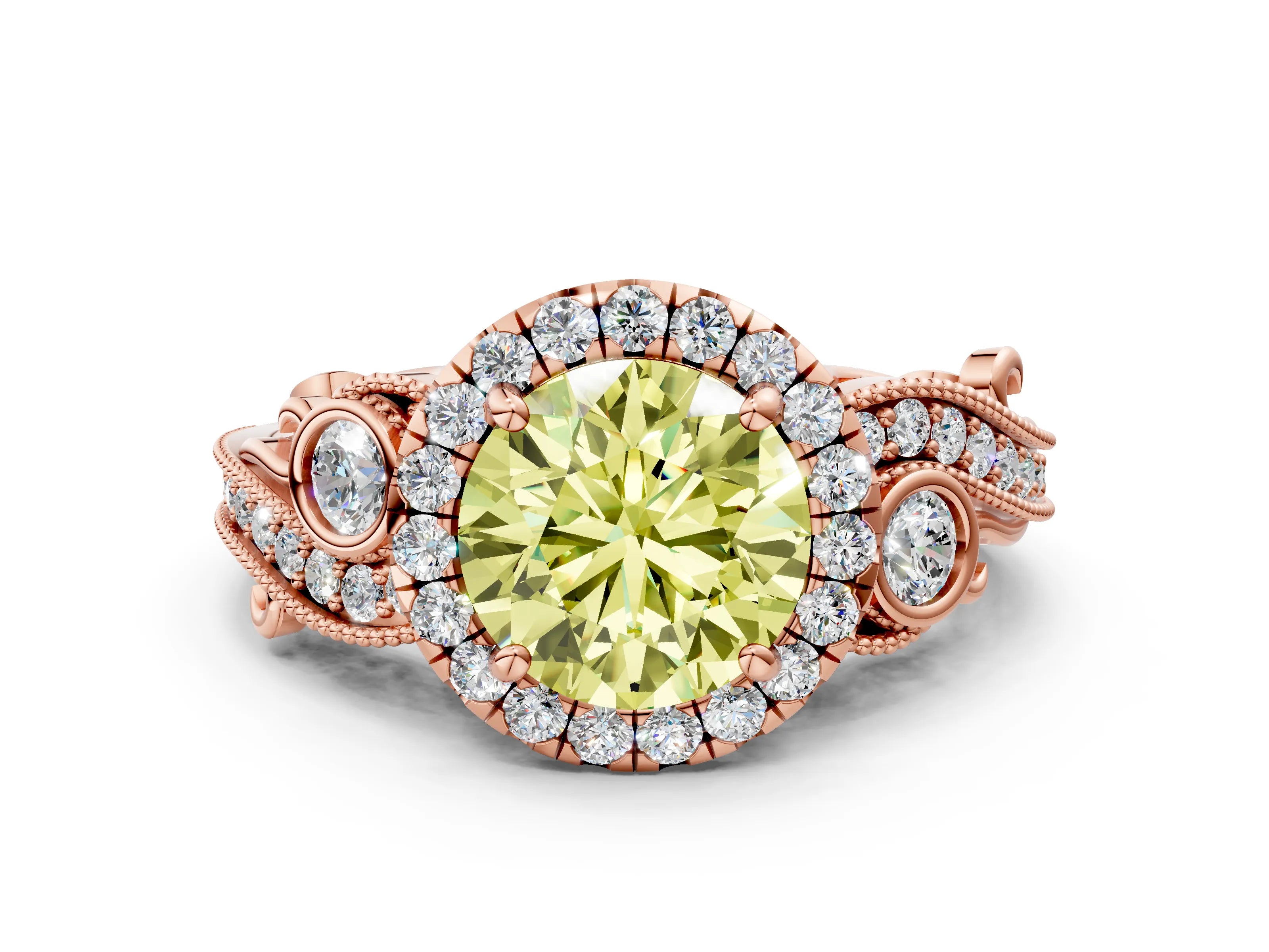 Rose gold Fancy Yellow Round Cut Halo Diamond Ring with Milgrain and Bezel Accents on a Split Shank Band