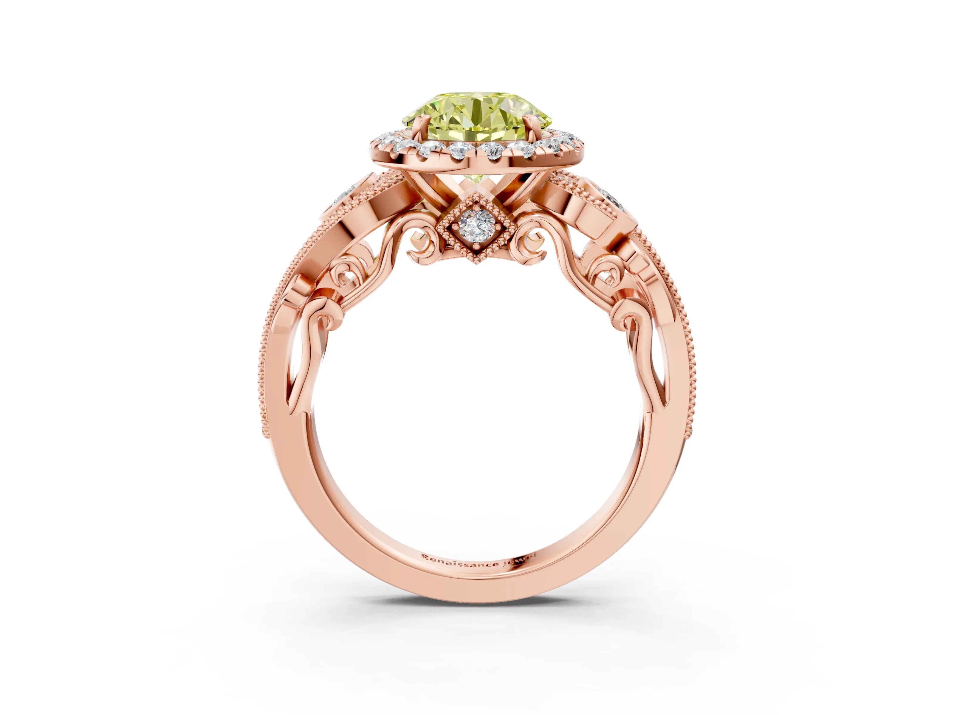 Rose gold Fancy Yellow Round Cut Halo Diamond Ring with Milgrain and Bezel Accents on a Split Shank Band_3