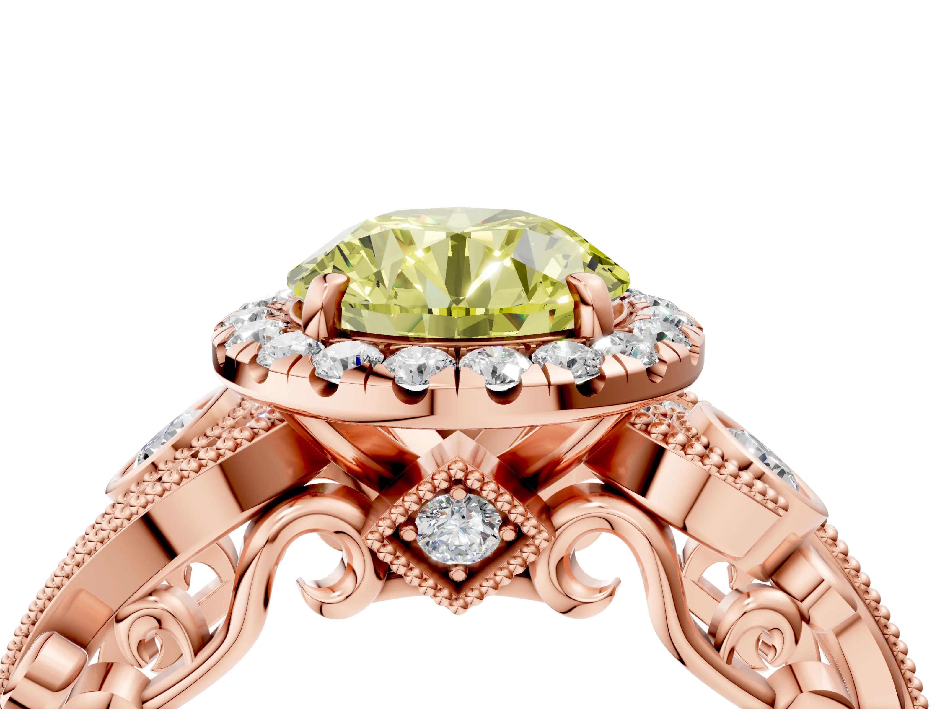Rose gold Fancy Yellow Round Cut Halo Diamond Ring with Milgrain and Bezel Accents on a Split Shank Band_4