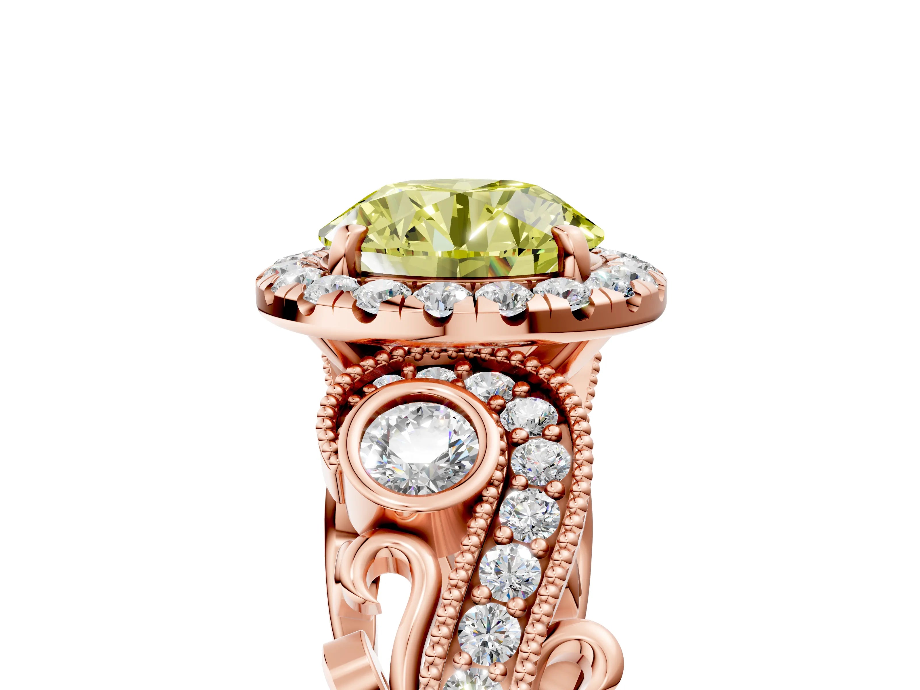 Rose gold Fancy Yellow Round Cut Halo Diamond Ring with Milgrain and Bezel Accents on a Split Shank Band_5