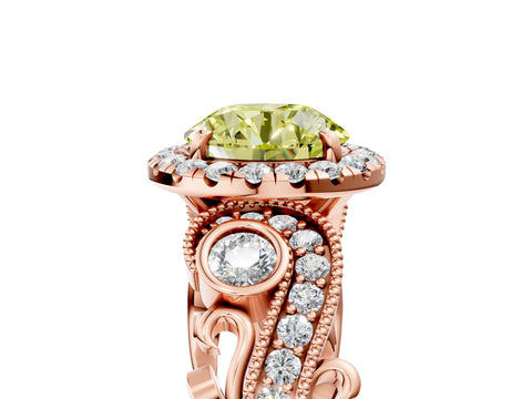 Rose gold Fancy Yellow Round Cut Halo Diamond Ring with Milgrain and Bezel Accents on a Split Shank Band_5