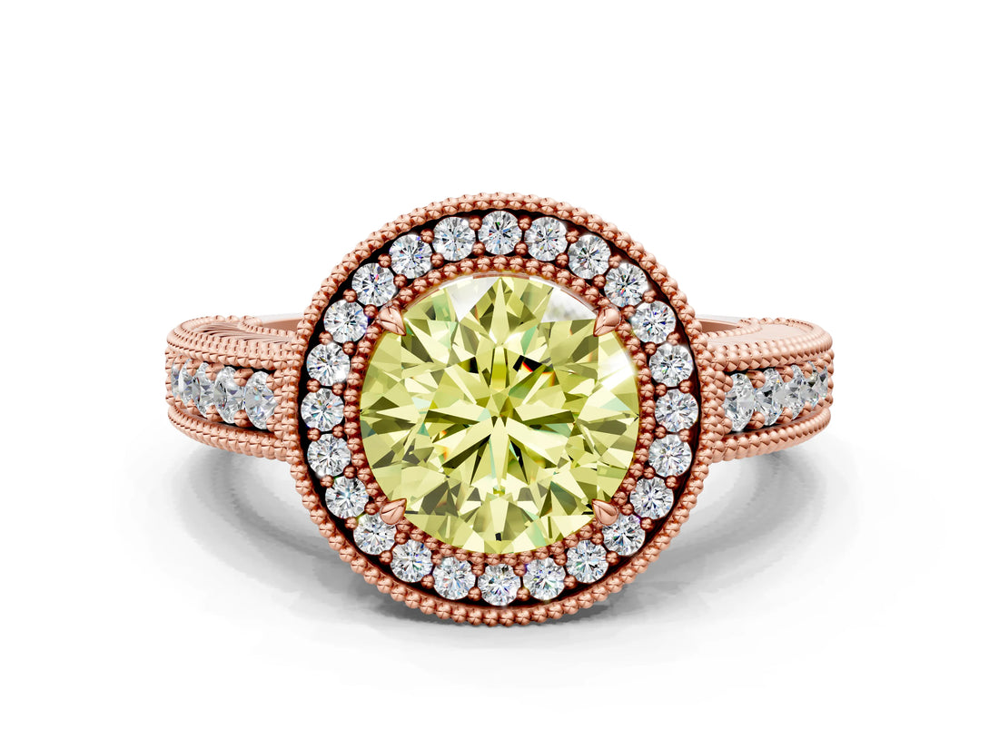 Rose gold Fancy Yellow Round  Cut Halo Diamond Ring with Pavé Band and Four-Prong Setting_28