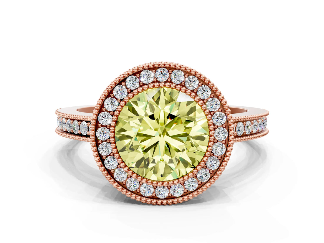 Rose gold Fancy Yellow Round  Cut Halo Diamond Ring with Pavé Band and Milgrain Prong Setting_32