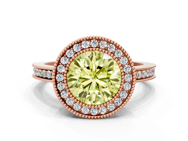Rose gold Fancy Yellow Round  Cut Halo Diamond Ring with Pavé Band and Milgrain Prong Setting