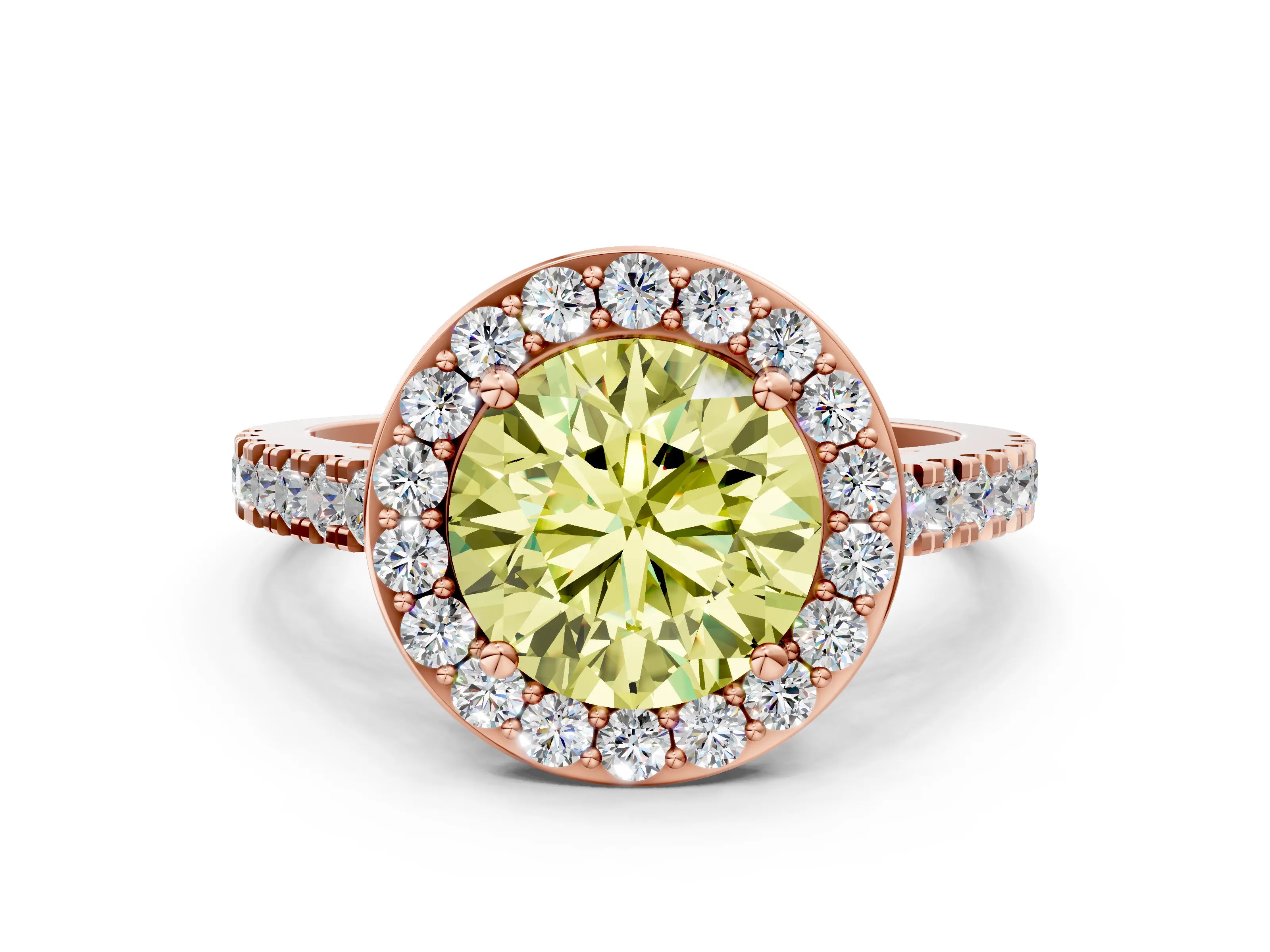 Rose gold Fancy Yellow Round Cut Halo Diamond Ring with Pavé Band and Three-Prong Setting
