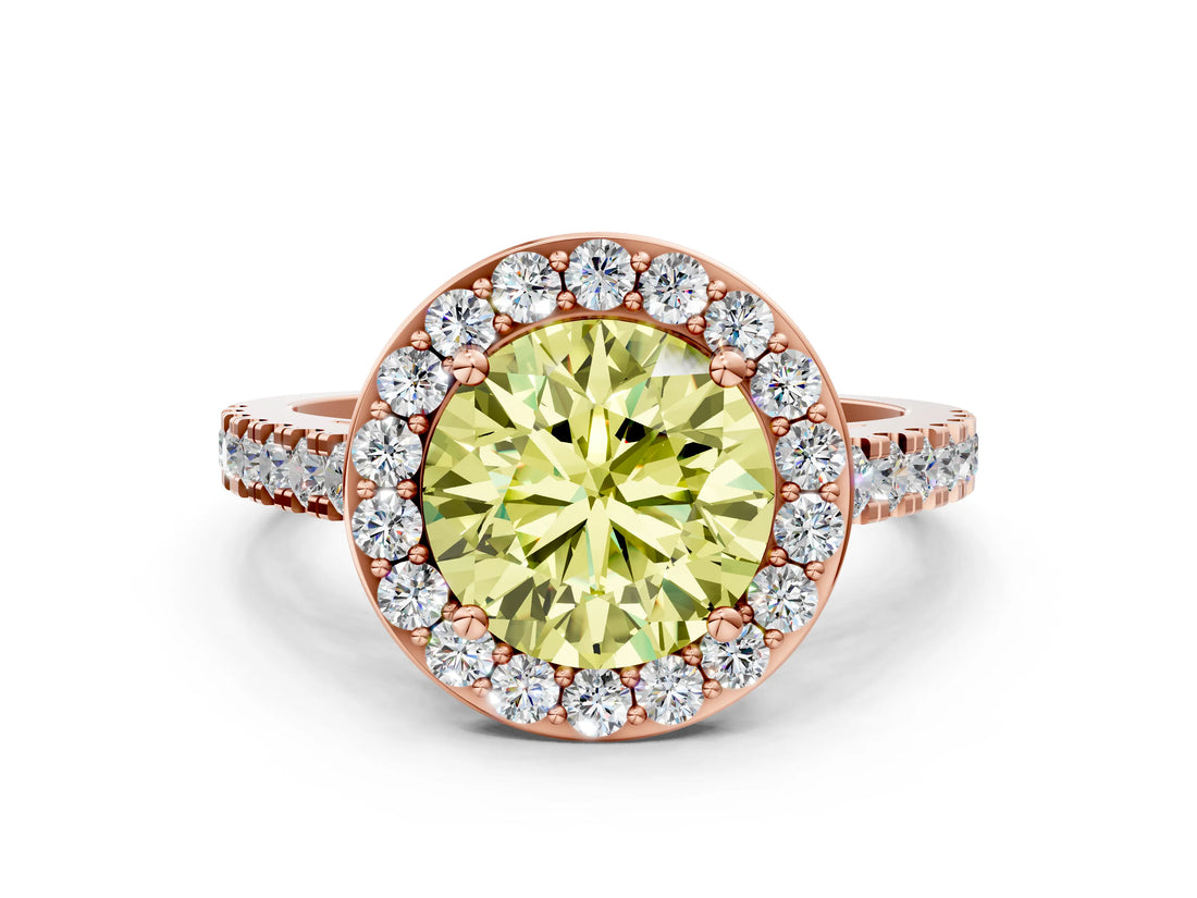 Rose gold Fancy Yellow Round Cut Halo Diamond Ring with Pavé Band and Three-Prong Setting