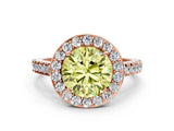 Rose gold Fancy Yellow Round Cut Halo Diamond Ring with Pavé Band and Three-Prong Setting