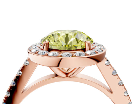 Rose gold Fancy Yellow Round Cut Halo Diamond Ring with Pavé Band and Three-Prong Setting_4