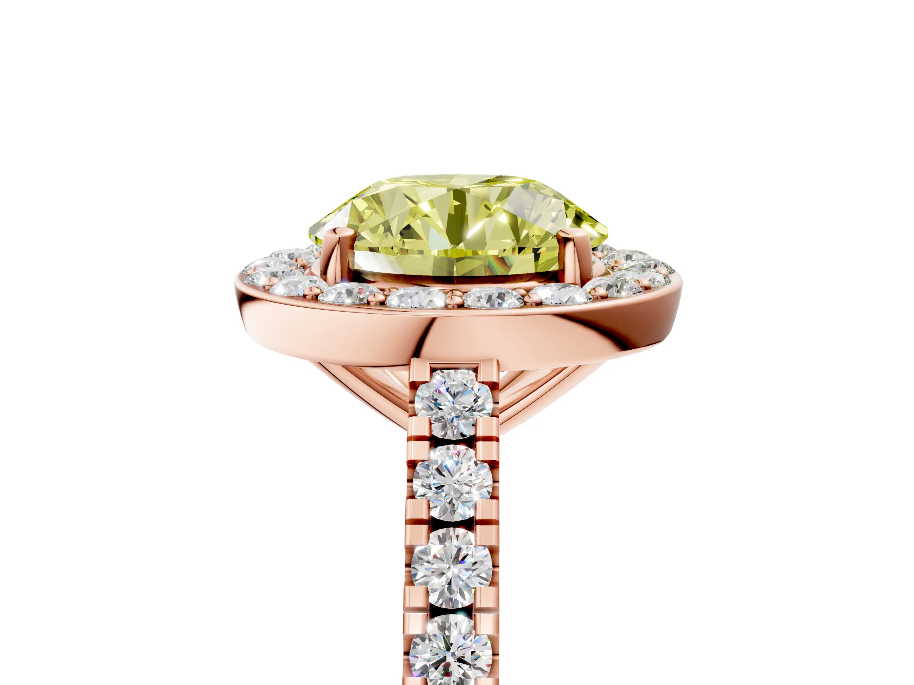 Rose gold Fancy Yellow Round Cut Halo Diamond Ring with Pavé Band and Three-Prong Setting_5