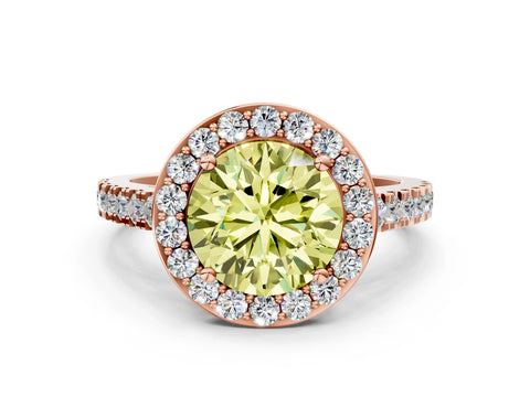 Rose gold Fancy Yellow Round Cut Halo Diamond Ring with Pavé Band and Three-Prong Setting