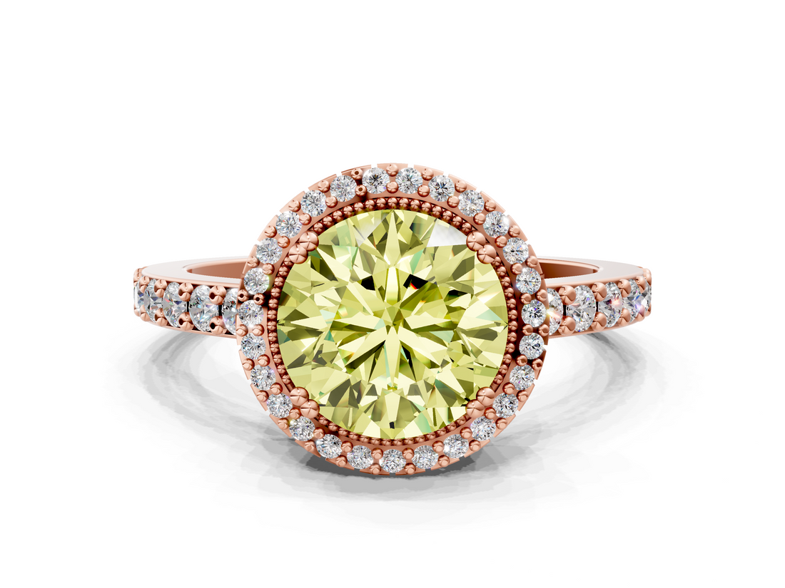 Rose gold Fancy Yellow Round  Cut Halo Diamond Ring with Pave Band and Four-Prong Setting