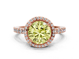 Rose gold Fancy Yellow Round  Cut Halo Diamond Ring with Pave Band and Four-Prong Setting