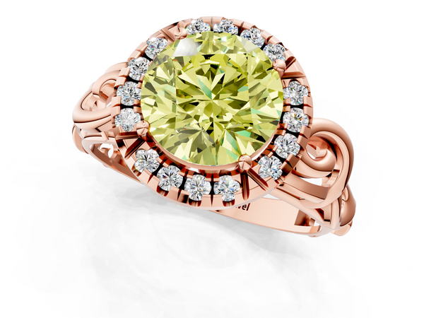 Rose gold Fancy Yellow Round  Cut Halo Diamond Ring with Scrollwork Band and Four-Prong Setting