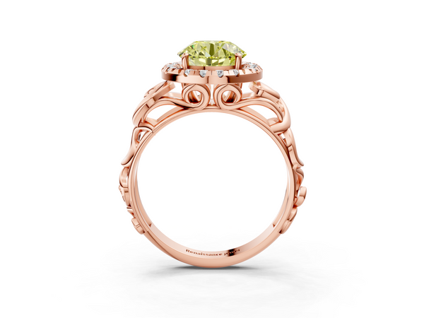 Rose gold Fancy Yellow Round  Cut Halo Diamond Ring with Scrollwork Band and Four-Prong Setting