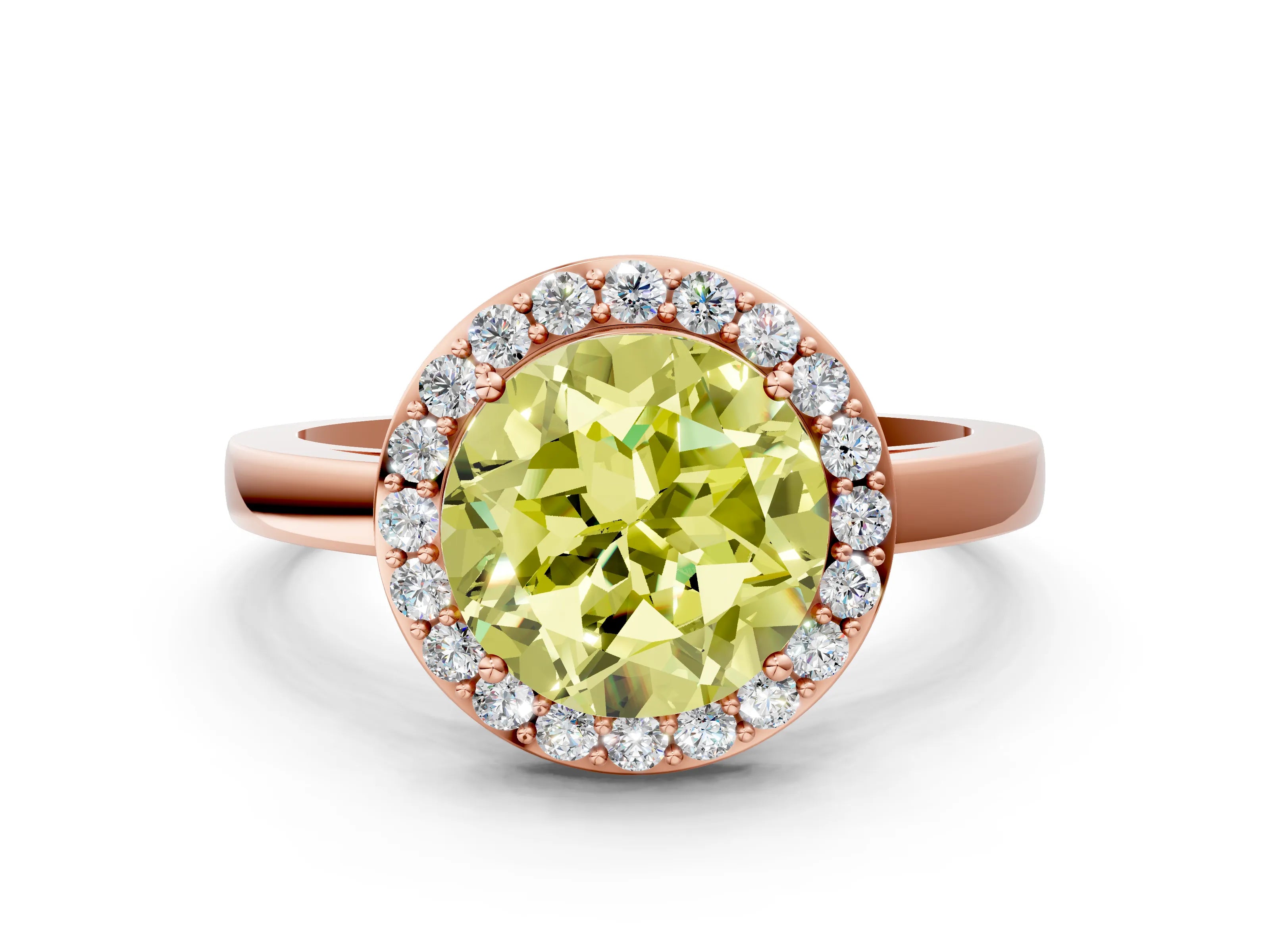 Rose gold Fancy Yellow Round Cut Halo Diamond Ring with Solitaire Band and Prong Setting