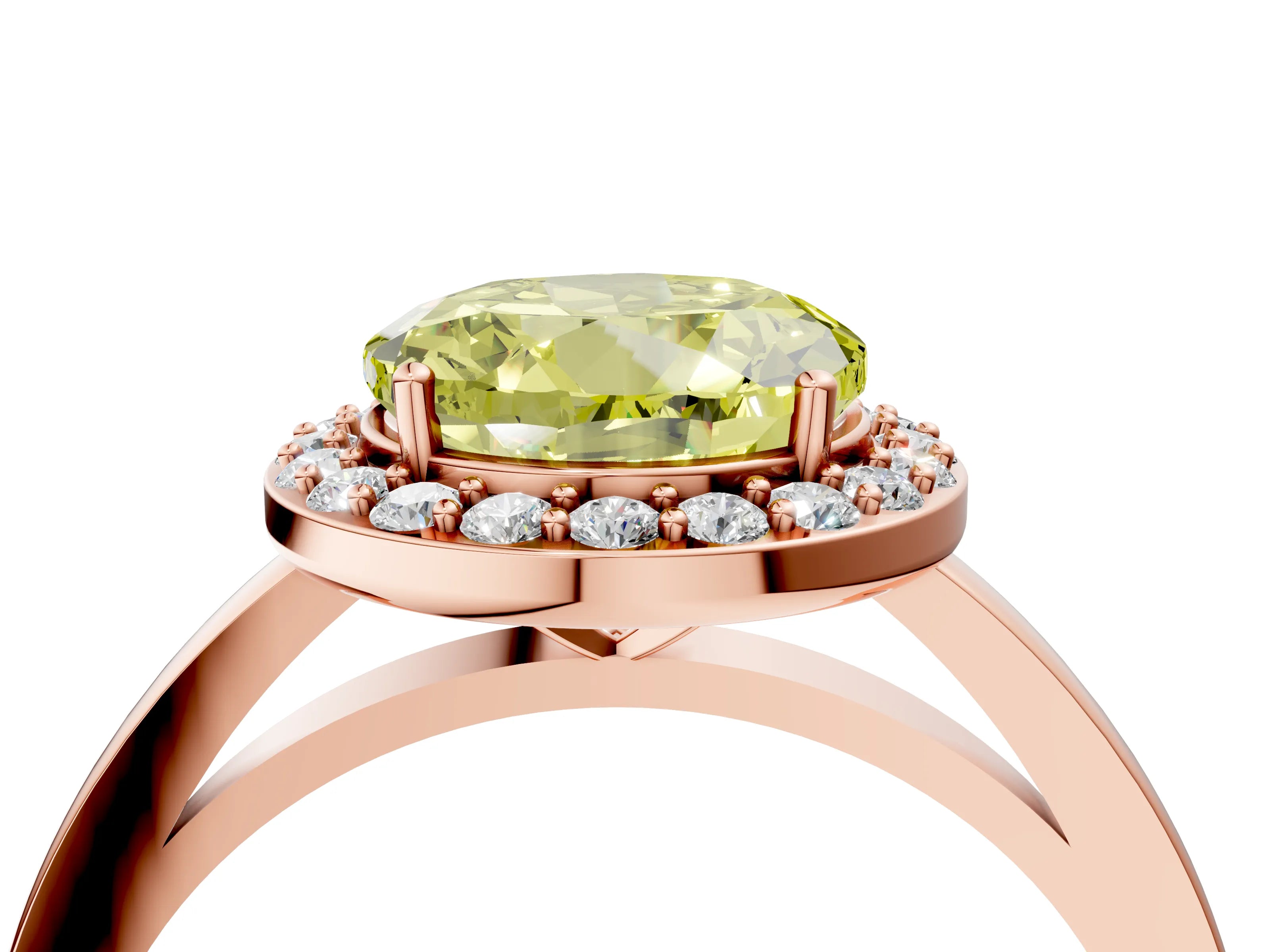 Rose gold Fancy Yellow Round Cut Halo Diamond Ring with Solitaire Band and Prong Setting_4