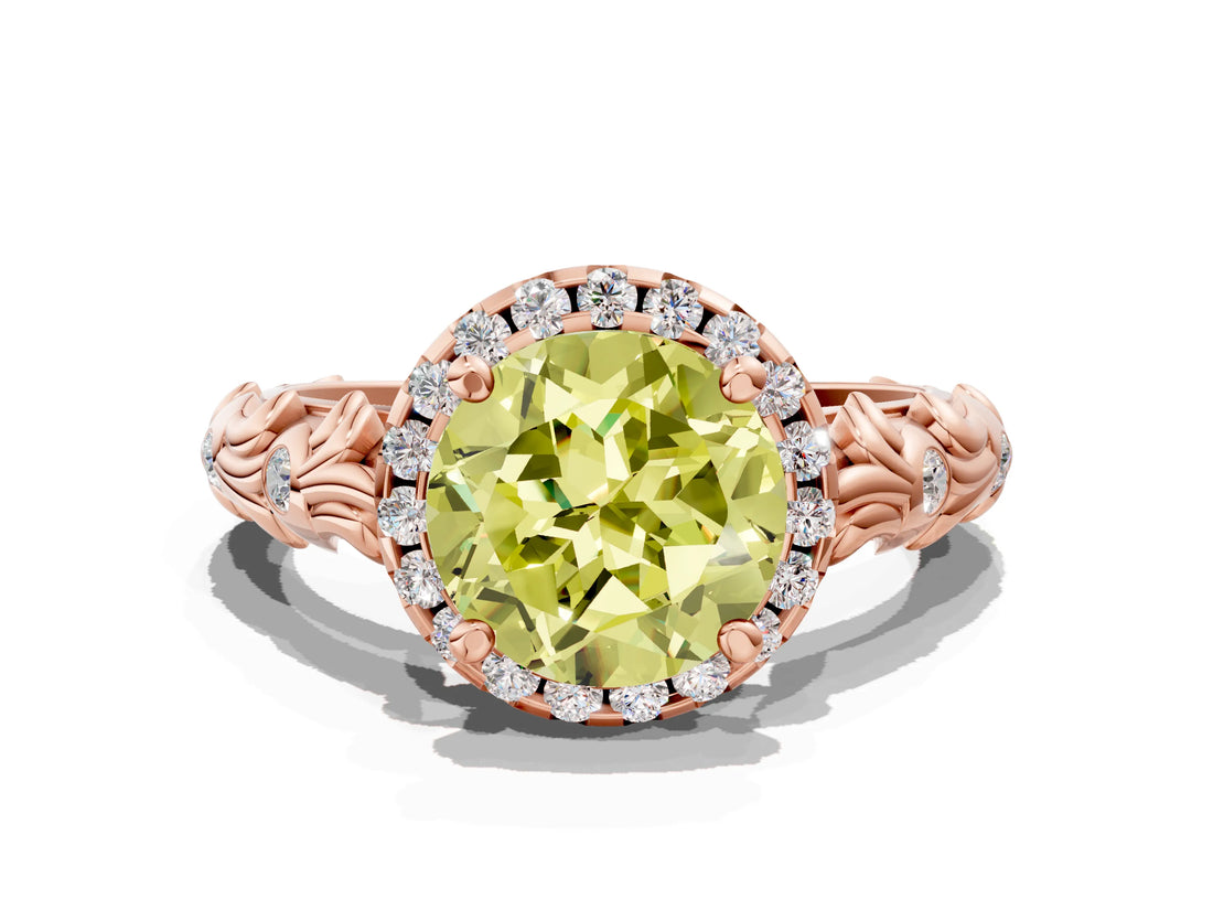 Rose gold Fancy Yellow Round Cut Halo Diamond Solitaire with Filigree Band and Four-Prong Setting