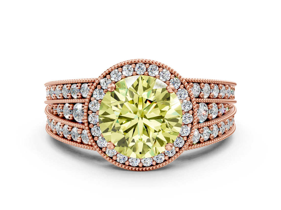 Rose gold Fancy Yellow Round Cut Halo Diamond Split Shank Ring with Prong Setting